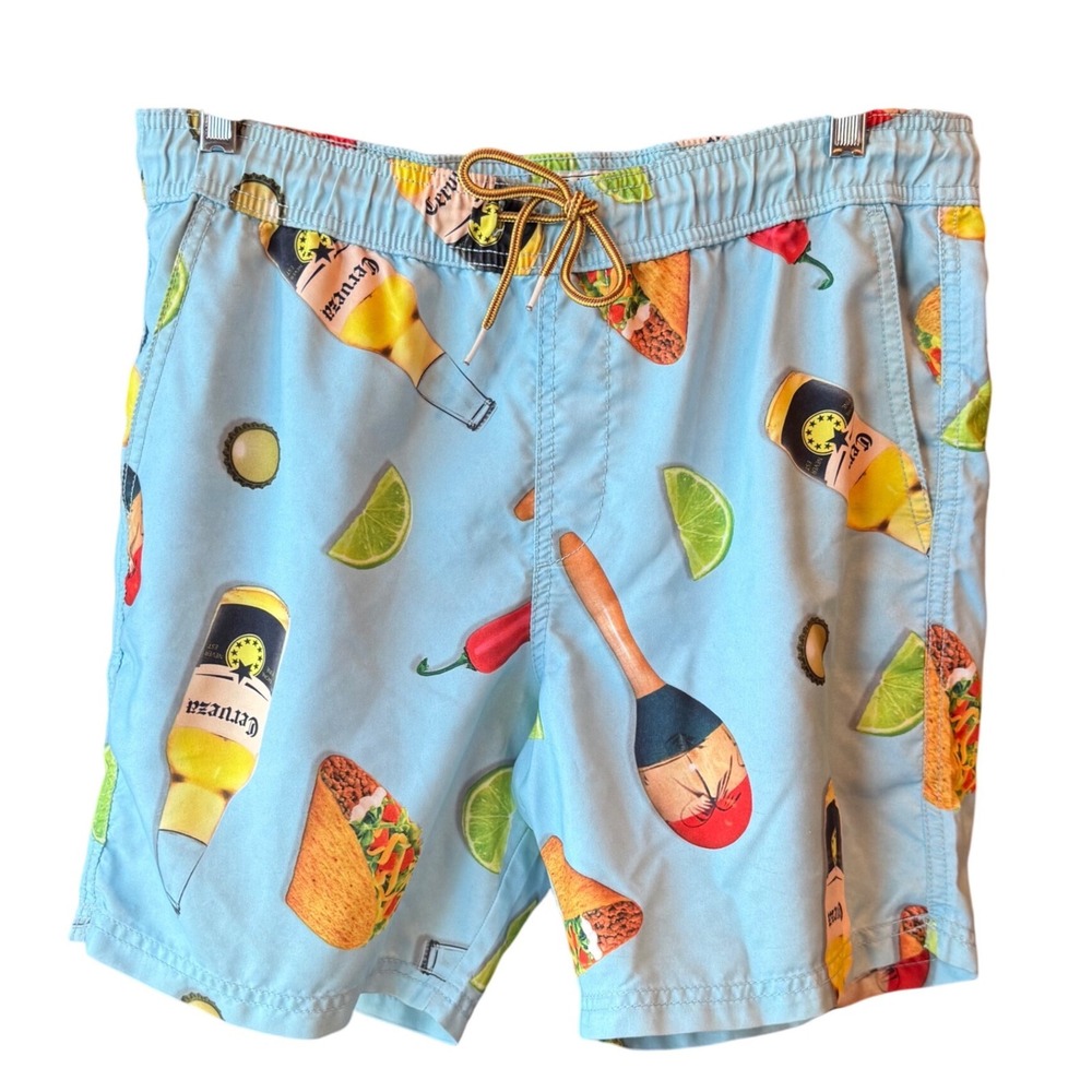 CYA Taco Beer Lime Print Swim Suit Trunks Blue Size Medium Drawstring